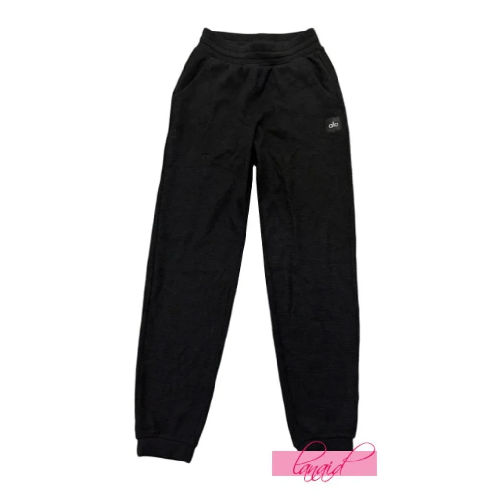 Alo Waffle Weekend Escape Joggers Black High-Rise Waist Thermal Sweats Sweatpant